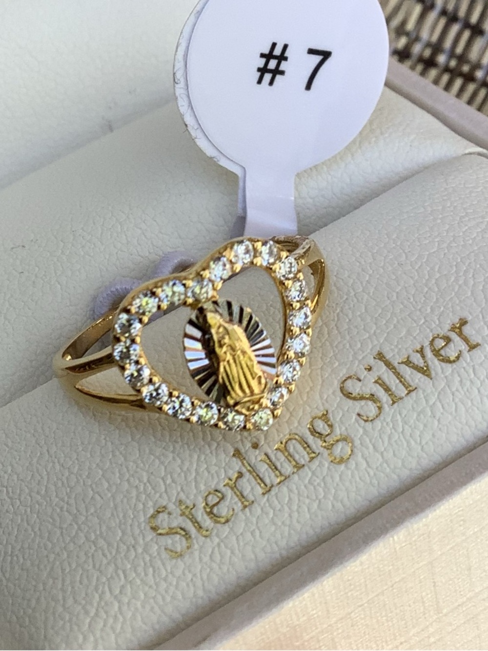 NIB Cynthia Rowley Sparkle Sterling Silver Gold Heart Ring Mary Madonna 7